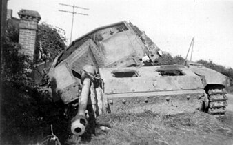 A StuG III Ausf.G destroyed in Normandy by a catastrophic internal explosion, 1944.