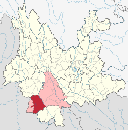 Location of Lancang County (red) in Pu'er City (pink) and Yunnan