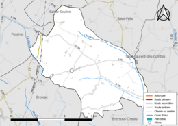 Carte en couleur présentant le réseau hydrographique de la commune