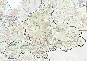 Colour detailed map of the Dutch province of Gelderland, with a red push-pin towards the bottom-right indicating the location of Bergh. Top-right corner includes a very small inset of overall map of Netherlands, with Gelderland highlighted within.