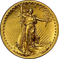 The goddess Liberty is portrayed on the high relief Double eagle (20 Dollars) coin of the United States of America, designed by Augustus Saint-Gaudens.