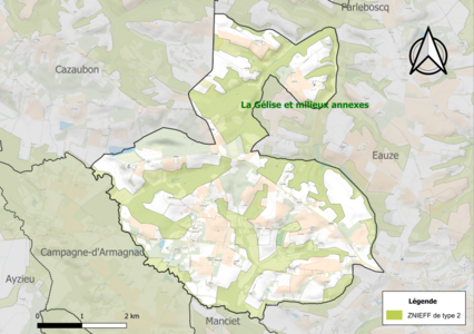 Carte des ZNIEFF de type 2 sur la commune.