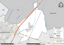 Carte en couleur présentant le réseau hydrographique de la commune