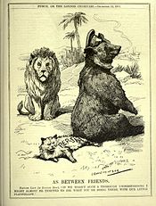 Cartoon from the English satirical magazine Punch, or The London Charivari. With the Russian Bear sitting on the tail of the Persian cat while the British Lion looks on, it represents a phase of The Great Game. The caption reads: "AS BETWEEN FRIENDS. British Lion (to Russian Bear). 'IF WE HADN'T SUCH A THOROUGH UNDERSTANDING I MIGHT ALMOST BE TEMPTED TO ASK WHAT YOU'RE DOING THERE WITH OUR LITTLE PLAYFELLOW.'"