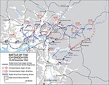 A map showing a front line with the UN labeled in blue and the Chinese in red. Multiple red arrows crossed over the front line on the map's right side