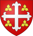 Gules a cross flory argent between four tiercefeuilles Or