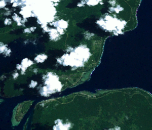 Satellite image of Buka Township, with Sohano Island (Bottom left) and Buka Airport