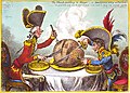 Image 12James Gillray's The Plumb-pudding in Danger (1805). The world being carved up into spheres of influence between Pitt and Napoleon. According to Martin Rowson, it is "probably the most famous political cartoon of all time—it has been stolen over and over and over again by cartoonists ever since." (from Political cartoon)