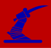 An upraised mailed army clutching a dagger, all in pale blue, on a red background.