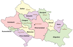 Location of Kuhdasht County in Lorestan province (left, pink)