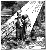 Cartoon depicting a man standing with a woman, who is hiding her head on his shoulder, on the deck of a ship awash with water. A beam of light is shown coming down from heaven to illuminate the couple. Behind them is an empty davit.