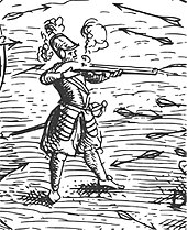 Champlain au combat, détail de la gravure Deffaite des Yroquois au Lac de Champlain (1609).