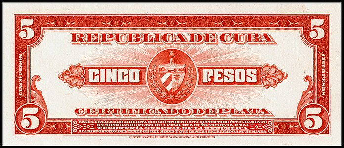 Five-peso silver certificate from the 1936 series, certified proof reverse, by the Bureau of Engraving and Printing