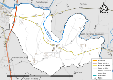 Carte en couleur présentant le réseau hydrographique de la commune