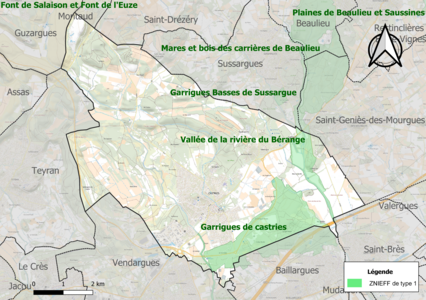 Carte des ZNIEFF de type 1 sur la commune.