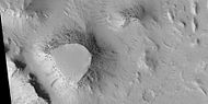 Mesas, as seen by HiRISE under HiWish program. Top layer; the cap rock is breaking up into boulders.