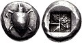 Image 17Silver stater of Aegina, 550–530 BC. Obv. Sea turtle with large pellets down centre. Rev. incuse square punch with eight sections. (from Coin)