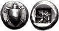 Image 9Silver stater of Aegina, 550–530 BC. Obv. Sea turtle with large pellets down centre. Rev. incuse square punch with eight sections. (from Coin)