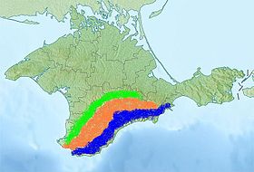 Приблизительное расположение Главной гряды Крымских гор на физической карте Крыма (Главная гряда обозначена синим цветом).