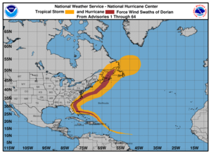 Corridor des vents de tempête tropicale (orange) et d'ouragan (rouge).