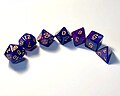 Image 1D&D uses polyhedral dice to resolve in-game events. These are abbreviated by a 'd' followed by the number of sides. Shown from left to right are a d20, d12, d%, d10, d8, d6, and a d4. A d% and d10 can be rolled together to produce a number between 1 and 100. (from Dungeons & Dragons)