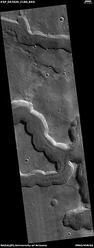 Example of fretted terrain, as seen by HiRISE under HiWish program. Fretted terrain contains many wide, flat-floored valleys.