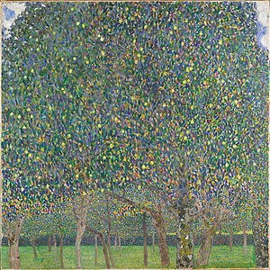 Tree orchard. The leaves of the front tree take up most of the canvas.