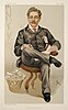 A caricature of a middle-aged man sitting cross-legged in a chair, holding a newspaper