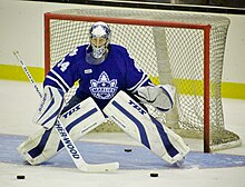 An ice hockey goaltender in a blue jersey and white pads crouches in front of a goal.