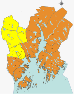 Location of the borough of Grim, shown in yellow, in Kristiansand municipality