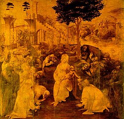 An unfinished painting showing the Virgin Mary and Christ Child surrounded by many figures who are all crowding to look at the baby. Behind the figures is a distant landscape and a large ruined building. More people are coming, in the distance.