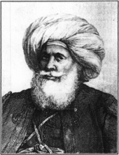 gravure noir et blanc : portrait d'un homme barbu en turban