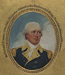 Color painting of gray-haired Nathanael Greene in 1792 by John Trumbull. Greene wears his general's uniform with a dark blue coat, a buff vest and turnbacks, and brass buttons.