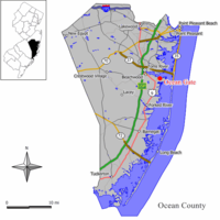 Location of Ocean Gate in Ocean County highlighted in yellow (right). Inset map: Location of Ocean County in New Jersey highlighted in black (left).