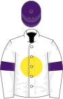 White, yellow disc, purple armlets and cap