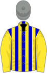 Blue and yellow stripes, yellow sleeves, grey cap