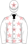 White, pink stars, white sleeves, white cap, pink star