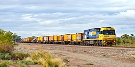 NR110 and a steel train passing through Yunta