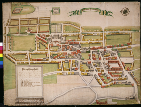 City plan of Pirmasens published in 1770, before the drill house was constructed. Schloss Pirmasens is in the center of the town