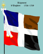 Régiment d’Enghien de 1706 à 1709 6 drapeaux dont un blanc Colonel et 5 d'Ordonnance, « feuilles mortes, bleux, noirs et rouges dans les 4 quarrez, & croix blanches »[6].