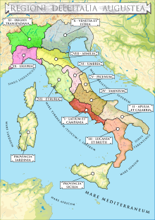 A map of the regions of Roman Italy, showing the position of Lucania et Bruttii in the mid-bottom right of Italy, above Sicily