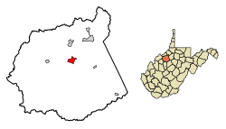 Location of Harrisville in Ritchie County, West Virginia.