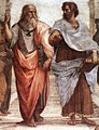 Image 1Plato (left) and Aristotle (right), a detail of The School of Athens, a fresco by Raphael. Aristotle gestures to the earth, representing his belief in knowledge through empirical observation and experience, while holding a copy of his Nicomachean Ethics in his hand, whilst Plato gestures to the heavens, representing his belief in The Forms.