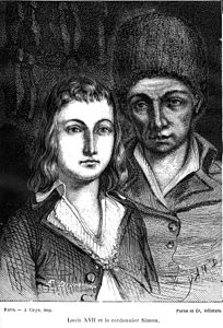 Luís XVII de Francia e o seu carcereiro durante a Revolución Francesa, o zapateiro Antoine Simon. Un gravado de Dargent para a "Histoire de la Révolution" de 1866 de Adolphe Thiers