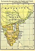 A political map of south India c. 1750 showing Mysore in the centre, Sira to the north, Kurpa to the northeast, Arcot to the east, Travancore, Cochin, and Malabar to the southwest, and Bednor to the west