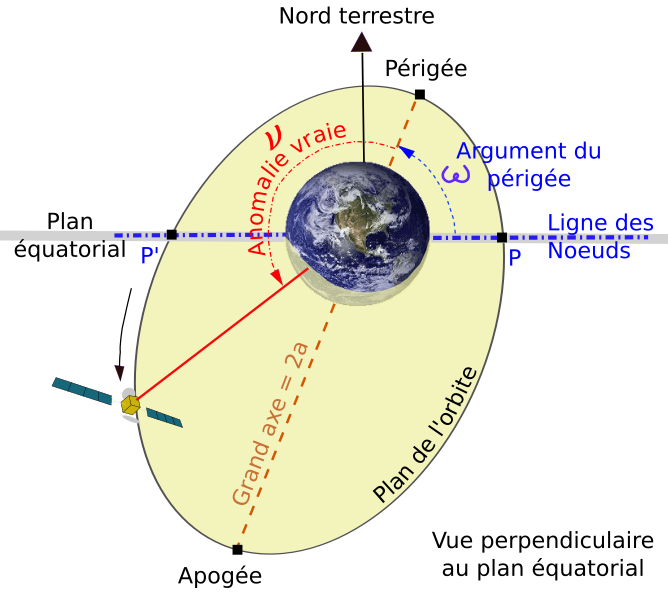 Vue perpendiculaire au plan orbital : demi-grand axe a, argument du périgée ω, anomalie vraie ν.