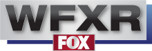 In a silver box with a blue drop shadow, the black letters WFXR in a sans serif. Mounted below and slightly overlapping is a red box with the Fox network logo in white.