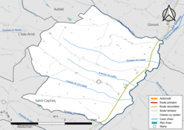 Carte en couleur présentant le réseau hydrographique de la commune