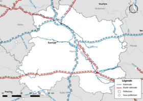Carte du réseau routier national (autoroutes et routes nationales) dans le département de la Marne