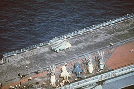 Ka-25 Hormone and Yak-38 Forger parked on the flight deck of the Soviet aircraft carrier Minsk.
